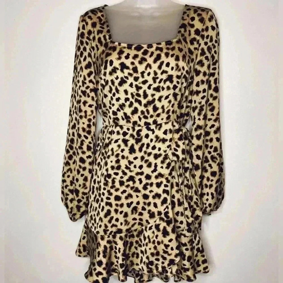 Express Leopard Print Square Neck Ruffle Wrap Dress - Picture 1 of 11